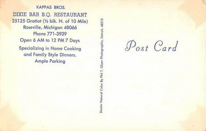 Dixie Bar B.Q. Restaurant - Old Postcard